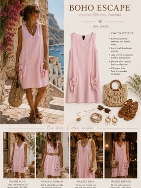 NEW Listing! Women's V-Neck Sleeveless Midi Linen Dress in Light Pink